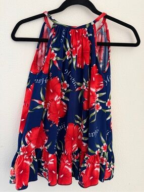 Aloha Fashion Navy blue Halter Floral Summer top with Red Hibiscus Print